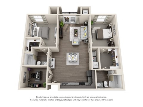 Floor plan for 2 beds, 2 baths, 1212 sqft